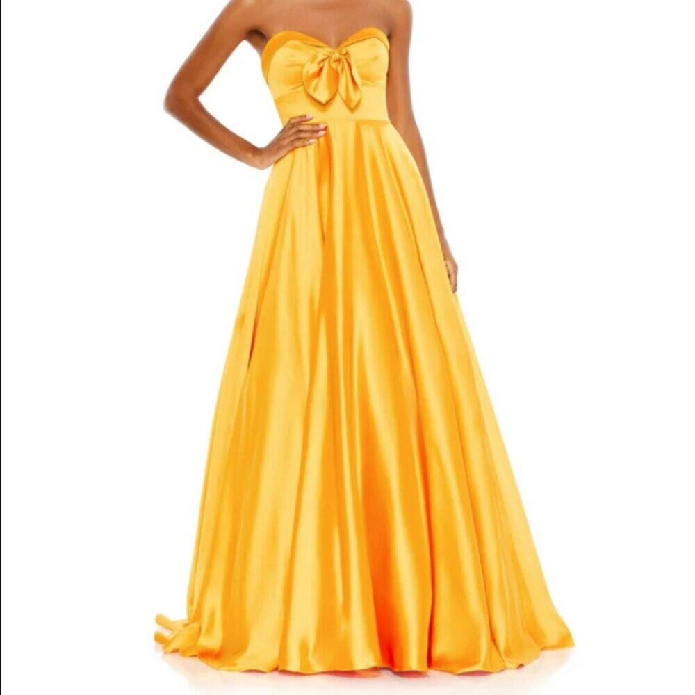 Mac Duggal Bow Sweetheart Strapless A Line Gown in Marigold 2